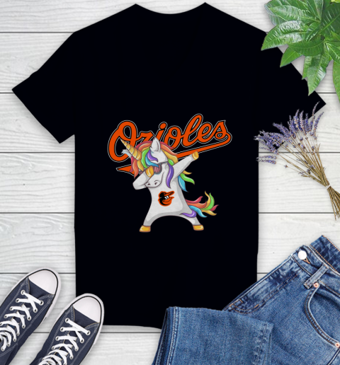 Baltimore Orioles MLB Baseball Funny Unicorn Dabbing Sports Women's V-Neck T-Shirt 2