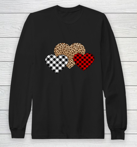 Valentine Three Hearts Leopard Buffalo Plaid Valentine s day Long Sleeve T-Shirt