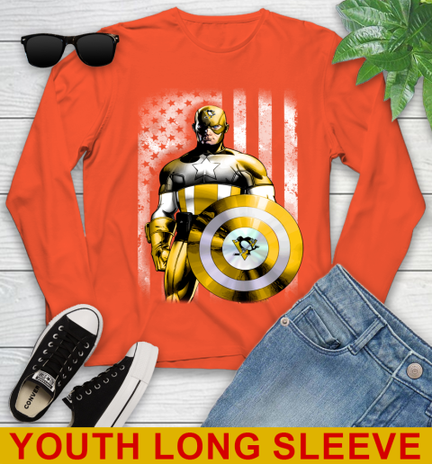 Pittsburgh Penguins NHL Hockey Captain America Marvel Avengers American Flag Shirt Youth Long Sleeve 3