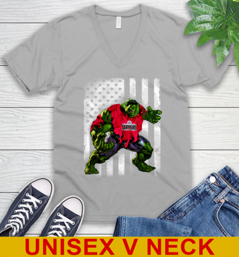 LA Clippers Hulk Marvel Avengers NBA Basketball American Flag V-Neck T-Shirt 3