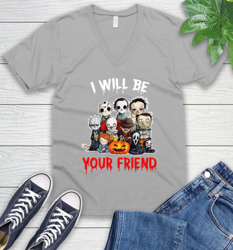 Halloween Horror Movie Characters Chibi I Will Be Your Friend V-Neck T-Shirt 3