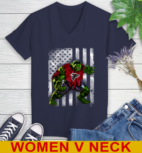 Atlanta Falcons Hulk Marvel Avengers NFL Football American Flag Women's V-Neck T-Shirt 12