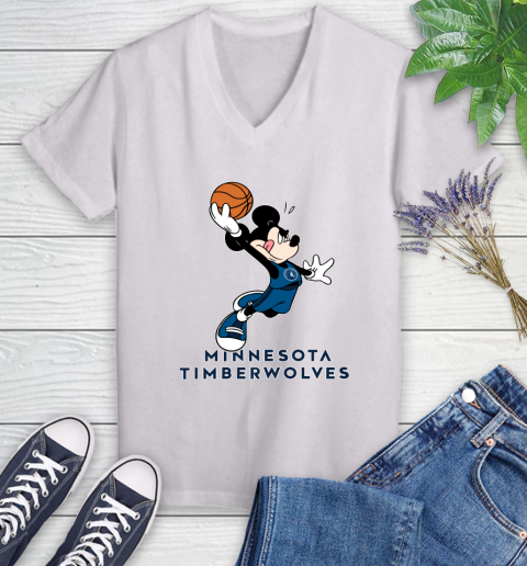 NBA Basketball Minnesota Timberwolves Cheerful Mickey Mouse Shirt Women's V-Neck T-Shirt 2
