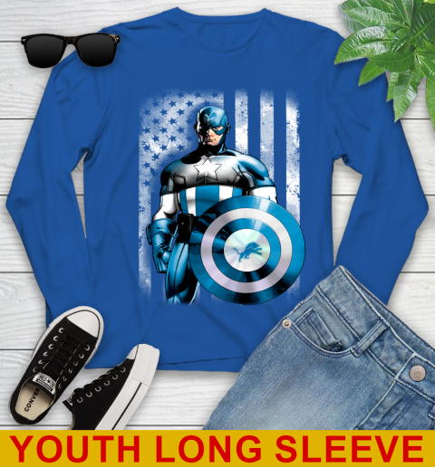 Detroit Lions NFL Football Captain America Marvel Avengers American Flag Shirt Youth Long Sleeve 10