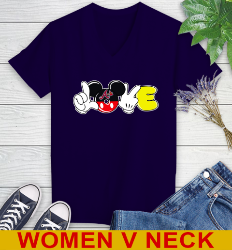 Atlanta Braves MLB Baseball Love Mickey Disney Sports Women's V-Neck T-Shirt 4