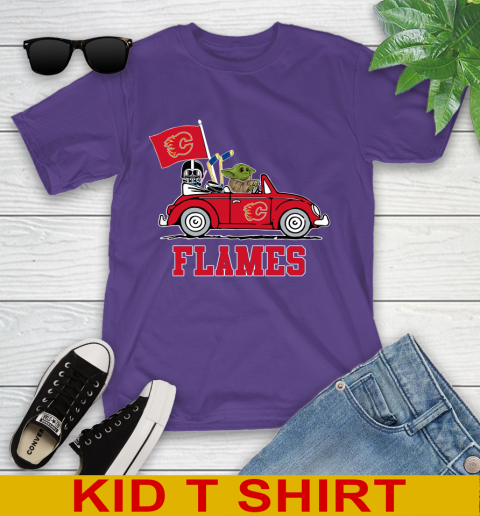 NHL Hockey Calgary Flames Darth Vader Baby Yoda Driving Star Wars Shirt Youth T-Shirt 4