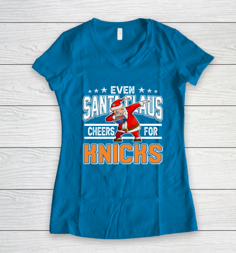 New York Knicks Even Santa Claus Cheers For Christmas NBA Women's V-Neck T-Shirt 5