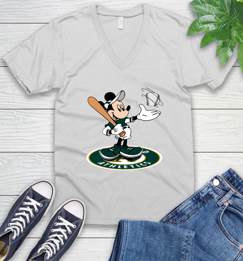 MLB Baseball Oakland Athletics Cheerful Mickey Disney Shirt V-Neck T-Shirt 2