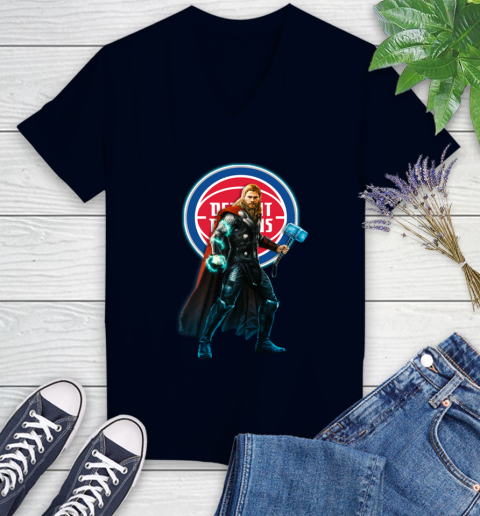 NBA Thor Avengers Endgame Basketball Detroit Pistons Women's V-Neck T-Shirt 3