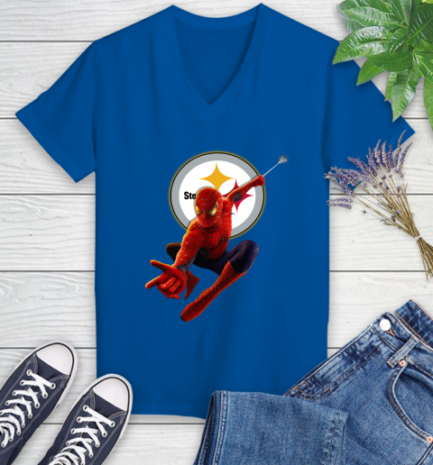 NFL Spider Man Avengers Endgame Football Pittsburgh Steelers Women's V-Neck T-Shirt 10