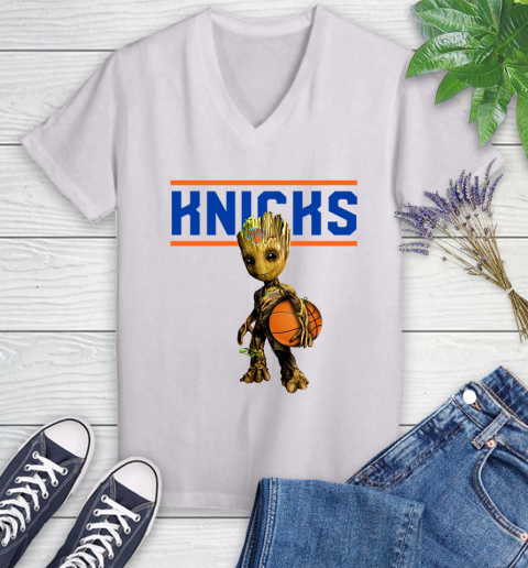 New York Knicks NBA Basketball Groot Marvel Guardians Of The Galaxy Women's V-Neck T-Shirt