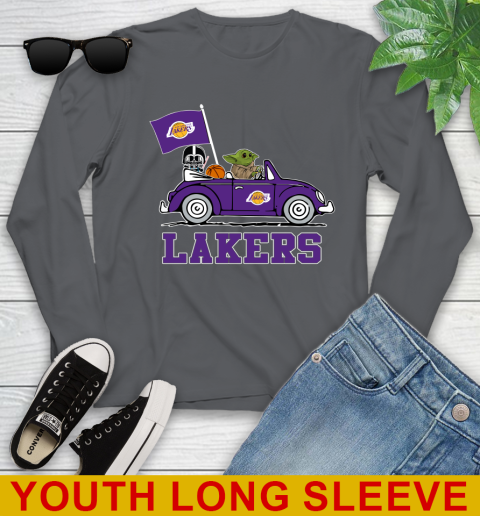 NBA Basketball Los Angeles Lakers Darth Vader Baby Yoda Driving Star Wars Shirt Youth Long Sleeve 9