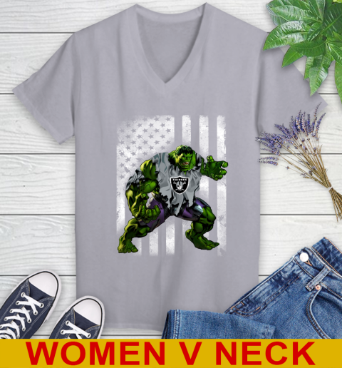 Oakland Raiders Hulk Marvel Avengers NFL Football American Flag Women's V-Neck T-Shirt 4