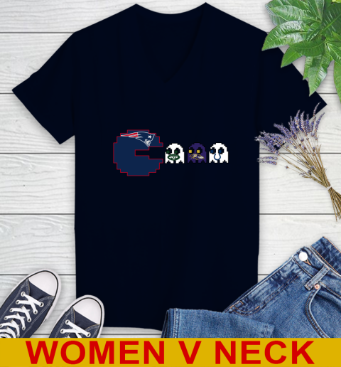 New England Patriots NFL Football Pac Man Champion Women's V-Neck T-Shirt 3