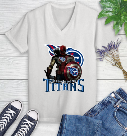 NFL Captain America Thor Spider Man Hawkeye Avengers Endgame Football Tennessee Titans Women's V-Neck T-Shirt