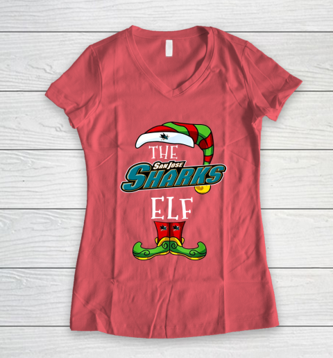 San Jose Sharks Christmas ELF Funny NHL Women's V-Neck T-Shirt 4