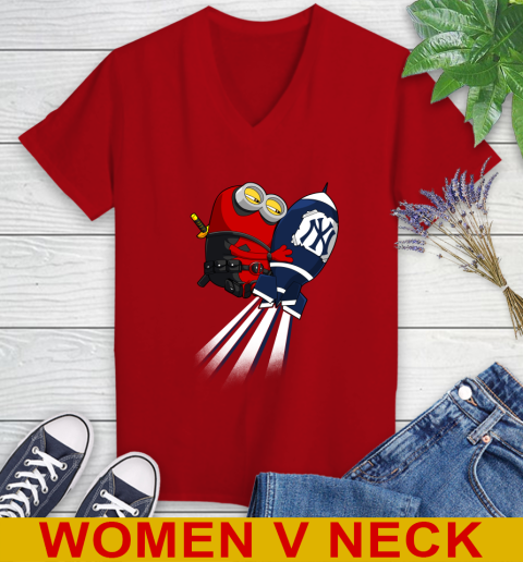 MLB Baseball New York Yankees Deadpool Minion Marvel Shirt Women's V-Neck T-Shirt 10