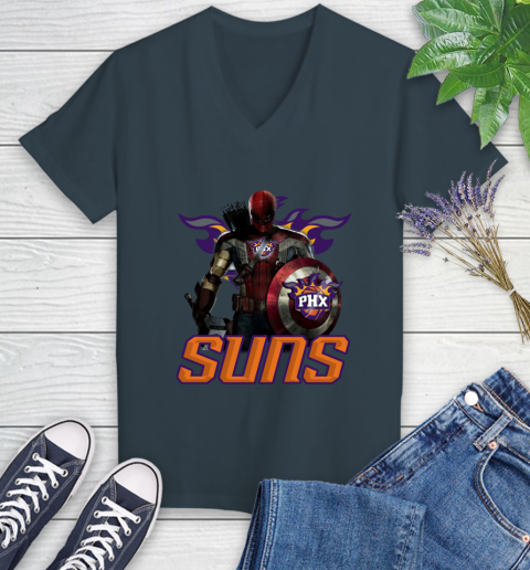 Phoenix Suns NBA Basketball Captain America Thor Spider Man Hawkeye Avengers Women's V-Neck T-Shirt 8