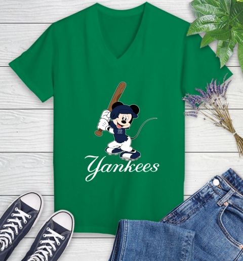 MLB Baseball New York Yankees Cheerful Mickey Mouse Shirt Women's V-Neck T-Shirt 5