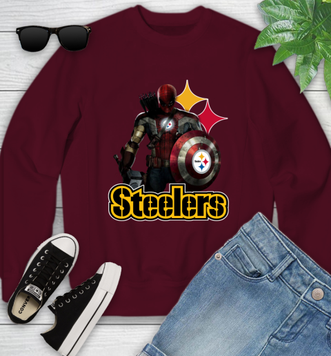 NFL Captain America Thor Spider Man Hawkeye Avengers Endgame Football Pittsburgh Steelers Youth Sweatshirt 5