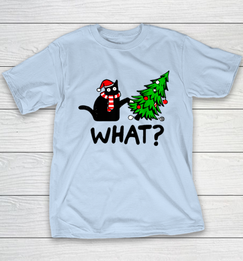 Funny Black Cat Gift Pushing Christmas Tree Over Cat What Youth T-Shirt 5