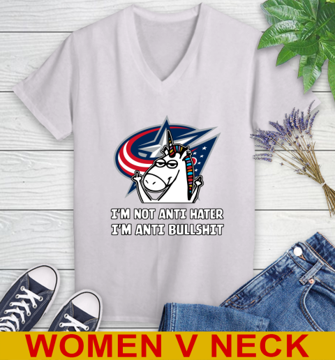 Columbus Blue Jackets NHL Hockey Unicorn I'm Not Anti Hater I'm Anti Bullshit Women's V-Neck T-Shirt