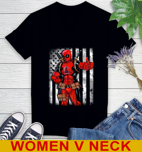 MLB Baseball Los Angeles Angels Deadpool American Flag Shirt Women's V-Neck T-Shirt