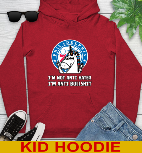Philadelphia 76ers NBA Basketball Unicorn I'm Not Anti Hater I'm Anti Bullshit Youth Hoodie - Image 12