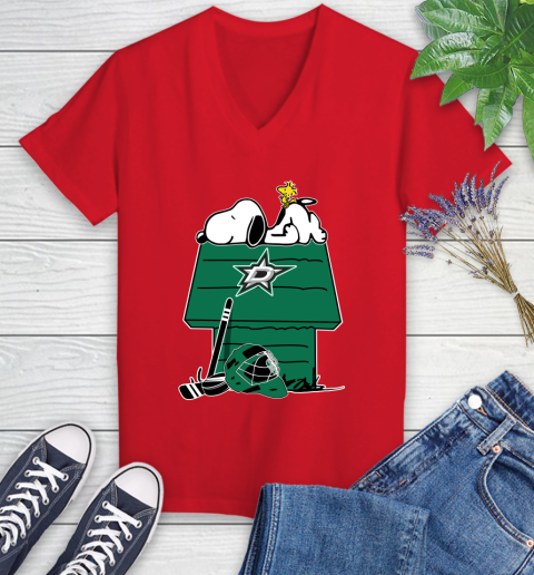 Dallas Stars NHL Hockey Snoopy Woodstock The Peanuts Movie Women's V-Neck T-Shirt 12