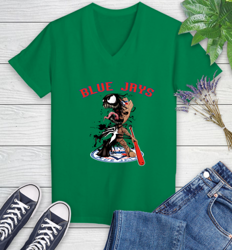 MLB Toronto Blue Jays Baseball Venom Groot Guardians Of The Galaxy Women's V-Neck T-Shirt 5