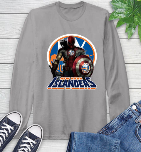 NHL Captain America Thor Spider Man Hawkeye Avengers Endgame Hockey New York Islanders Long Sleeve T-Shirt 6