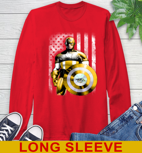 Nashville Predators NHL Hockey Captain America Marvel Avengers American Flag Shirt Long Sleeve T-Shirt 12