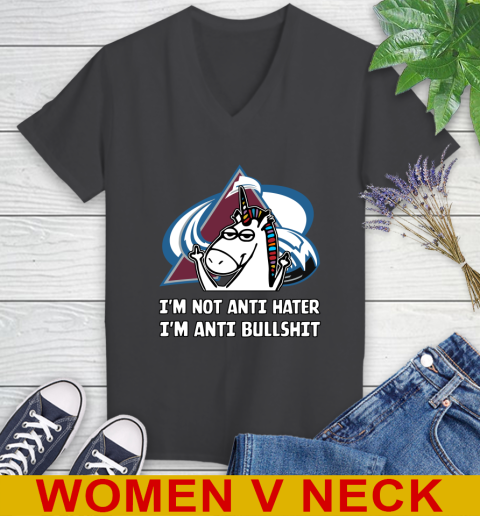 Colorado Avalanche NHL Hockey Unicorn I'm Not Anti Hater I'm Anti Bullshit Women's V-Neck T-Shirt 9
