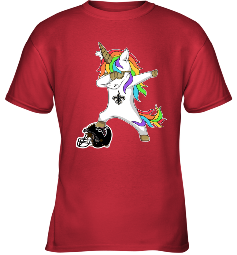 8cwy football dabbing unicorn steps on helmet new orleans saints youth t shirt 26 front red
