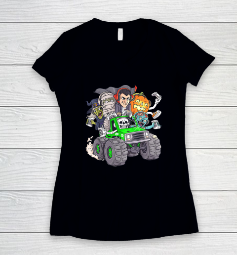 Halloween Gamer Skeleton Zombie Monster Truck Women's V-Neck T-Shirt