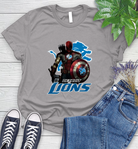 NFL Captain America Thor Spider Man Hawkeye Avengers Endgame Football Detroit Lions Women's T-Shirt 5