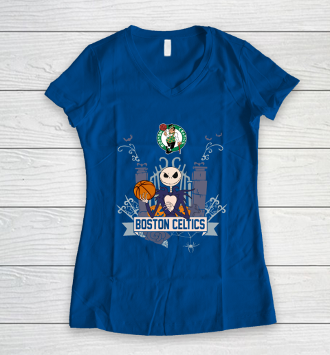 NBA Boston Celtics Basketball Jack Skellington Halloween Women's V-Neck T-Shirt 7
