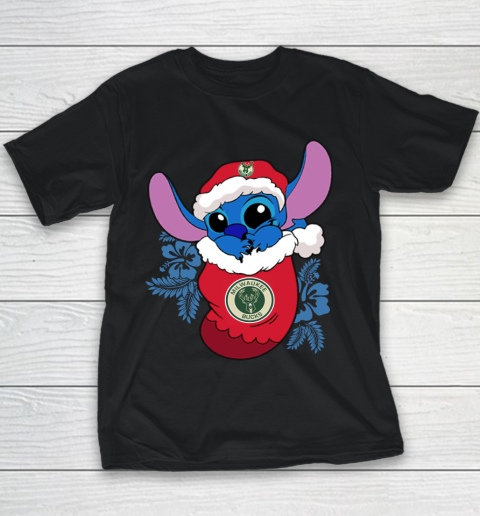 Milwaukee Bucks Christmas Stitch In The Sock Funny Disney NBA Youth T-Shirt 2