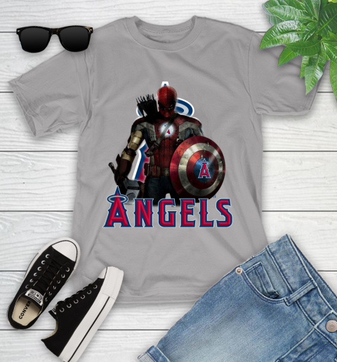 MLB Captain America Thor Spider Man Hawkeye Avengers Endgame Baseball Los Angeles Angels Youth T-Shirt 4