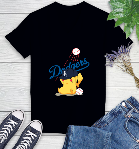 MLB Pikachu Baseball Sports Los Angeles Dodgers Women's V-Neck T-Shirt 2