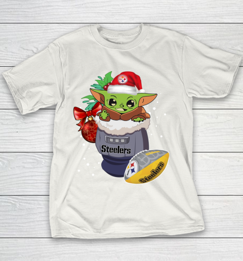 Pittsburgh Steelers Christmas Baby Yoda Star Wars Funny Happy NFL Youth T-Shirt 3