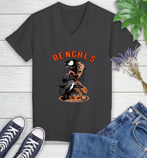 NFL Cincinnati Bengals Football Venom Groot Guardians Of The Galaxy Women's V-Neck T-Shirt 8