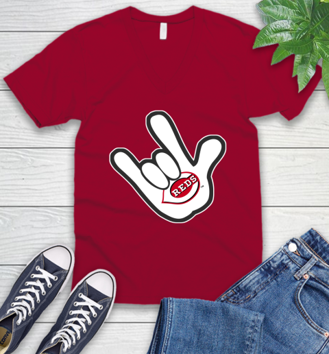 Cincinnati Reds MLB Baseball Mickey Rock Hand Disney V-Neck T-Shirt 8