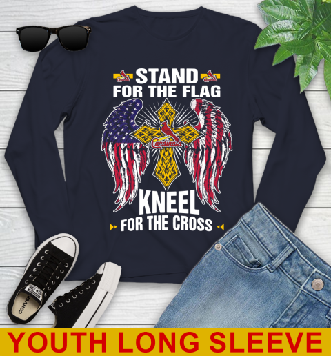 MLB Baseball St.Louis Cardinals Stand For Flag Kneel For The Cross Shirt Youth Long Sleeve 3 MLB Baseball St.Louis Cardinals Stand For Flag Kneel For The Cross Shirt Youth Long Sleeve - Image 3