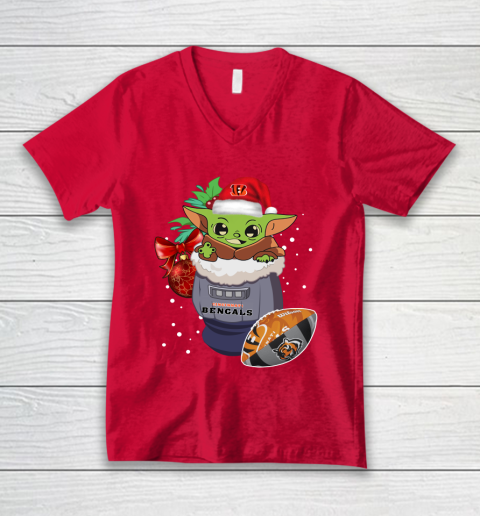 Cincinnati Bengals Christmas Baby Yoda Star Wars Funny Happy NFL V-Neck T-Shirt 7