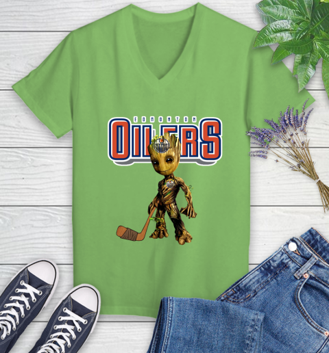 Edmonton Oilers NHL Hockey Groot Marvel Guardians Of The Galaxy Women's V-Neck T-Shirt 11