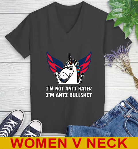 Washington Capitals NHL Hockey Unicorn I'm Not Anti Hater I'm Anti Bullshit Women's V-Neck T-Shirt 9