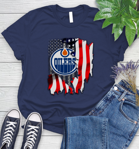 Edmonton Oilers NHL Hockey American Flag Women's T-Shirt 14