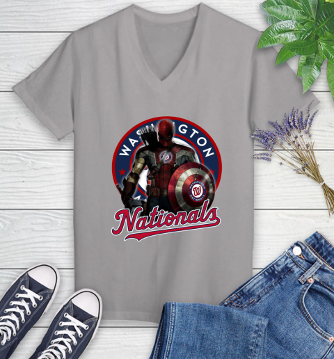 MLB Captain America Thor Spider Man Hawkeye Avengers Endgame Baseball Washington Nationals Women's V-Neck T-Shirt 4