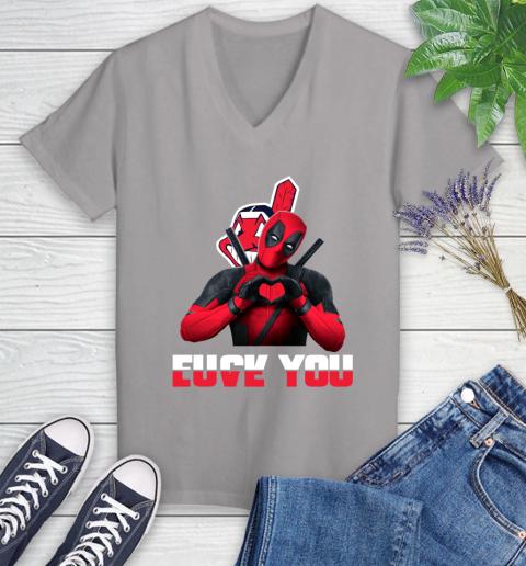 MLB Cleveland Indians Deadpool Love You Fuck You Baseball Sports Women's V-Neck T-Shirt 4
